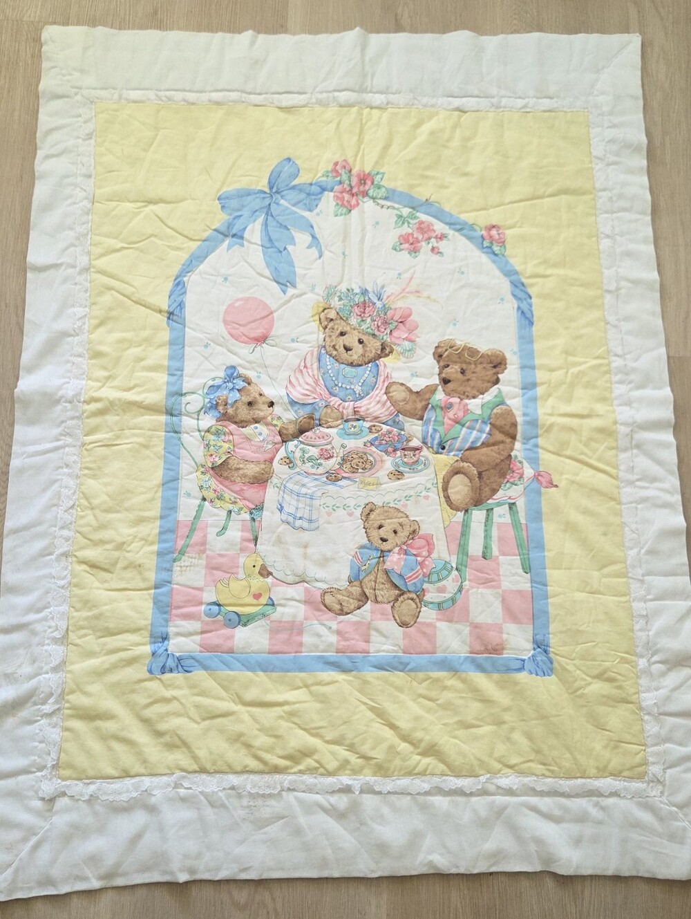 Vintage Tea Party Teddy Bear Quilted Baby Toddler Girl Blanket